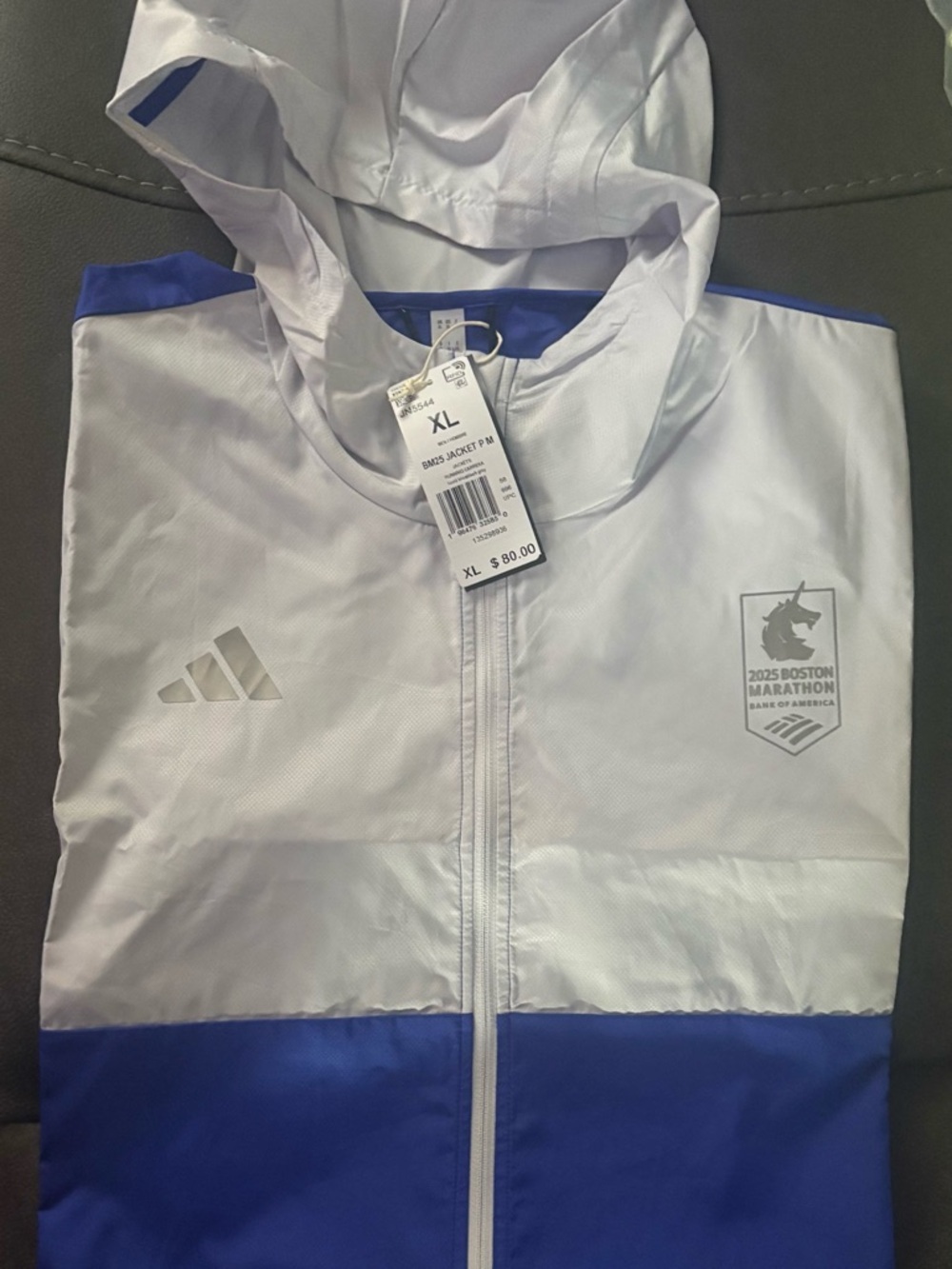 adidas White Windbreaker Jacket with Blue Hood Trim
